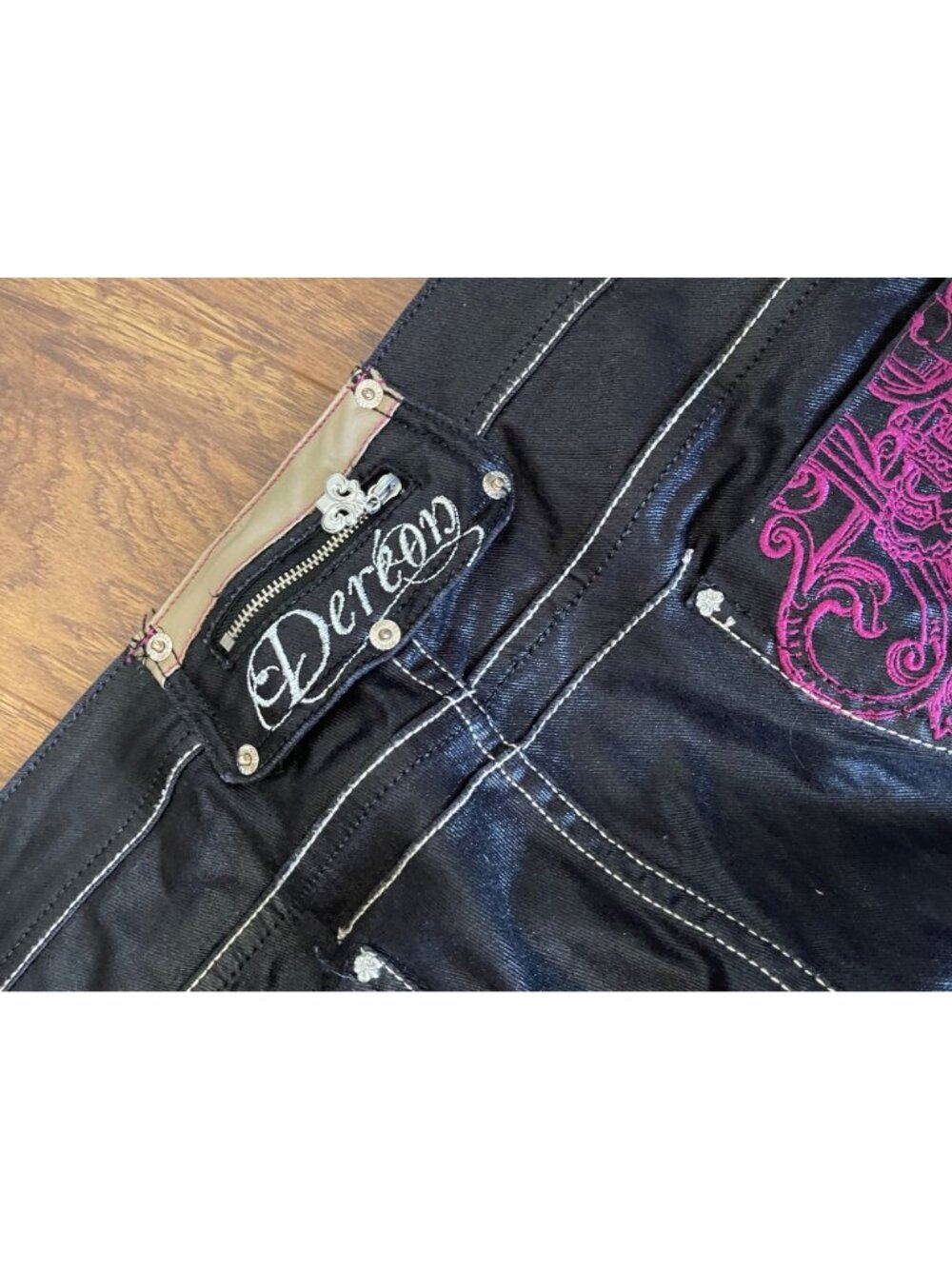 Dereon Womens Plus Size 20W Black Shiny Denim Purple Embroidery Skinny Jeans - Picture 7 of 13